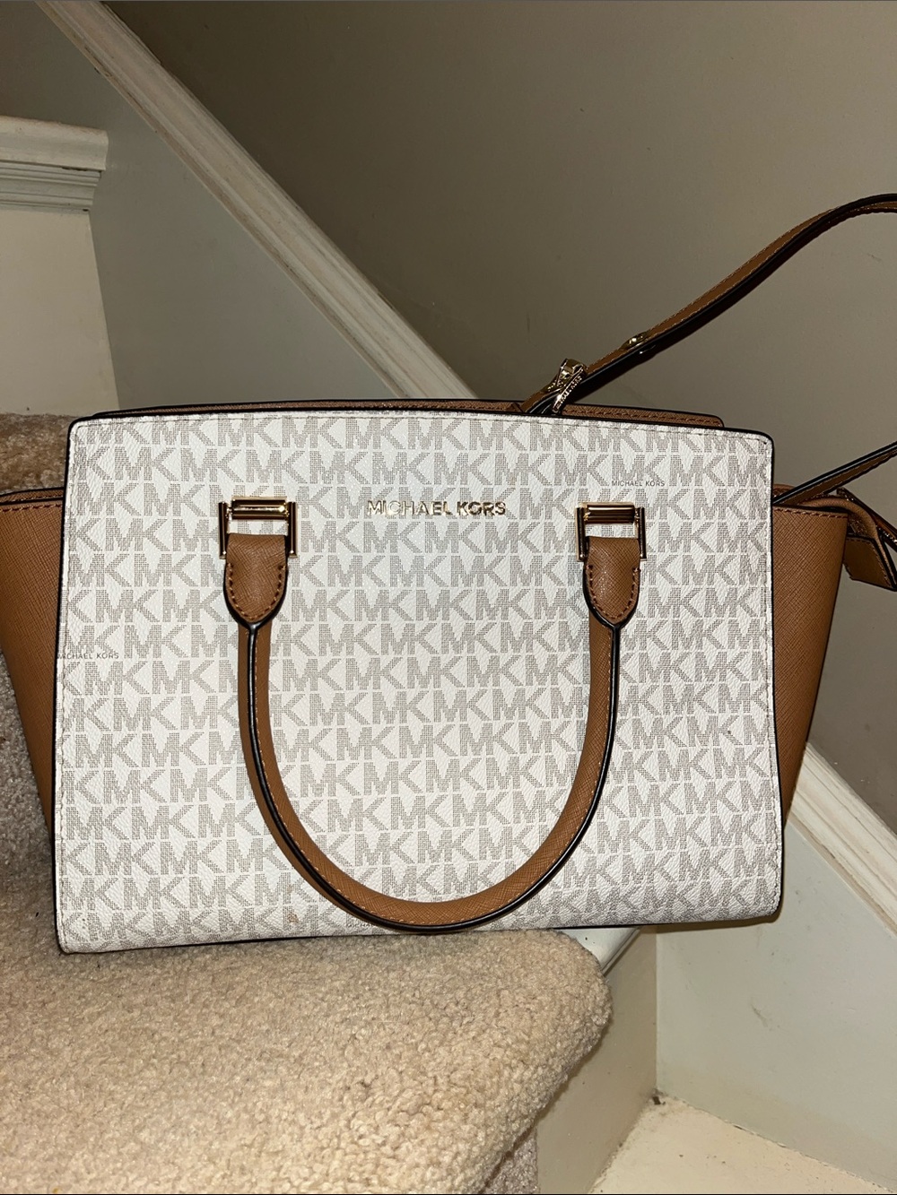 Michael Kors Beige and Tan MK Signature Satchel